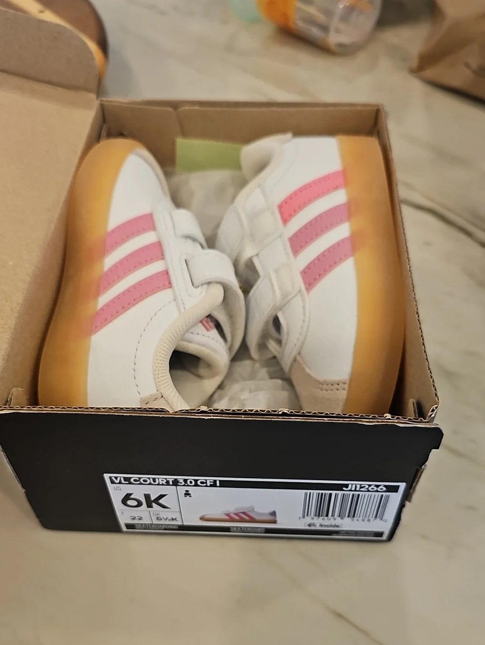 adidas Kids White Sneakers with Pink Stripes and Gum Sole